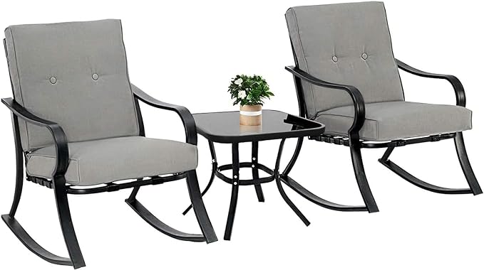 Oakcloud Oakmont Outdoor Furniture 3 Piece Conversation Bistro Set Rocking Chairs and Glass Top Table, Thick Cushions, Black Steel (Grey)