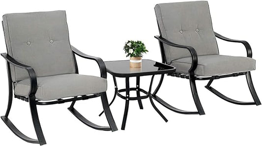 Oakcloud Oakmont Outdoor Furniture 3 Piece Conversation Bistro Set Rocking Chairs and Glass Top Table, Thick Cushions, Black Steel (Grey)
