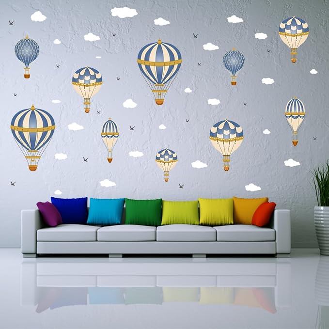 3D Hot Air Balloon Wall Decals Cute Clouds and Seagulls Wall Stickers Kindergarten Baby Room Art Wall Stickers Removable PVC Self-Adhesive Wallpaper Nursery Classroom Playroom Bedroom Wall Art Decor