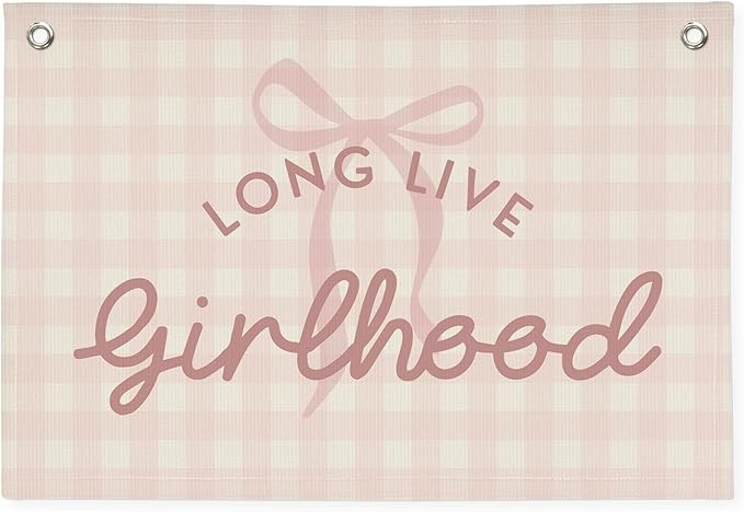 Pink Cute Room Decor Long Live Girlhood Banner, Coquette Bow Girls Room Decor for Nursery Playroom Wall Hanging Linen Flag,Baby Girls Bedroom Decorations,Baby Showers Newborn Gift 30x20 girlroom