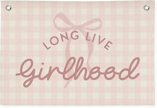 Pink Cute Room Decor Long Live Girlhood Banner, Coquette Bow Girls Room Decor for Nursery Playroom Wall Hanging Linen Flag,Baby Girls Bedroom Decorations,Baby Showers Newborn Gift 30x20 girlroom