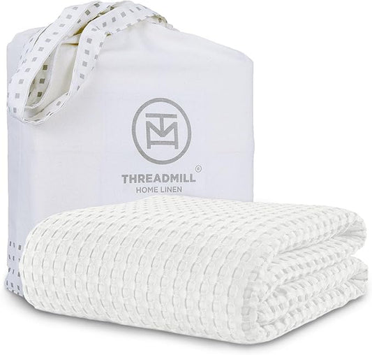 Threadmilll Cooling Waffle Blanket King Size | Breathable, Lightweight and Cooling | Made from Rayon Derived from Bamboo | Waffle Throw Blanket for Couch and Sofa | 106 x 92 Inches | White