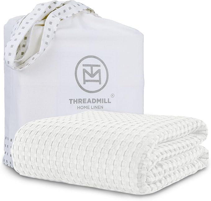 Threadmilll Cooling Blanket Twin Size Waffle Weave| Breathable, Lightweight & Ultra-Soft | Made from Rayon Derived from Bamboo | Waffle Throw for Couch and Sofa | 68 x 92 Inches | White