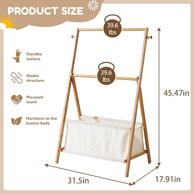 Kids Clothing Rrack- Kids Dress Up Rack for Little Girls, Bamboo Kids Clothes Rack, Toddler Dress Up Storage Rack & Folding Costume Rack, Double Rods, Pets Clothes Rack with Storage, Natural