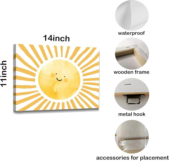 WODMIS Boho Sun Shunshine Wall Art, Cute Cartoon Smiling Watercolor Neutral Canvas Home Decor for Kids Baby Room Nursery Playroom, Yellow 11x14