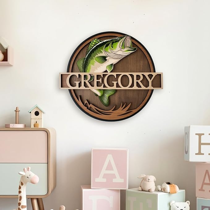 Personalized Nursery Sign, Fishing Wooden Sign with Name, Hello World Newborn Sign, Salmon Sign for Kid Room Decor, Baby Gifts for Boy, Custom Baby Name Sign, Baby Boys Wall Art Bedroom