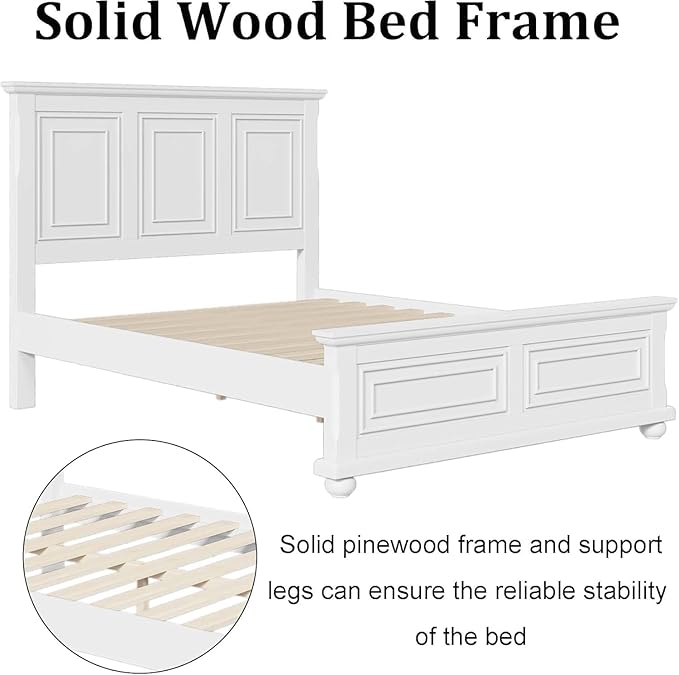 MERITLINE Vintage Farmhouse Bed Frame Queen,Solid Wood Mid Century Modern Rustic Bed Frame with Headboard and Footboard,No Box Spring Needed (White,Queen)