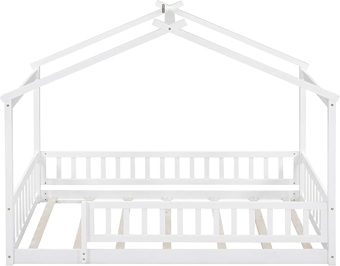 Merax Twin Size Wooden House Bed with Fence, Wood Bed Frame with Roof and Safety Guardrail for Kids, Teens, Boys or Girls, White