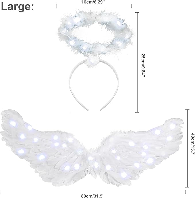 Angel Wings, Light Up Angel Wings and Halo with LED Lights, White Angel Wings Costume for Adult Women Kids Halloween Xmas