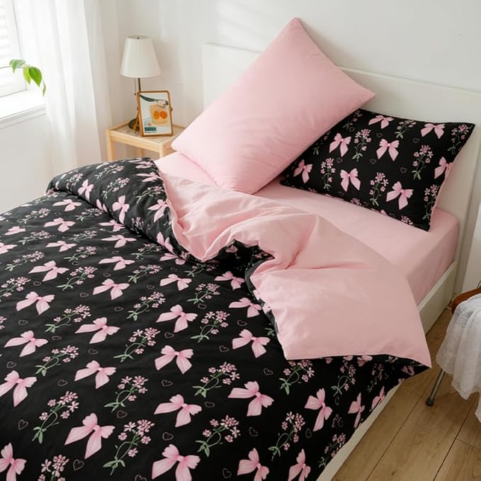 Queen Duvet Cover 3Pcs Black Pink Bow Bedding Set for Girls Kids, Cute Floral Bowknot Design, Super Soft 100% Microfiber Comforter Cover (2 Pillowcases, No Comforter)