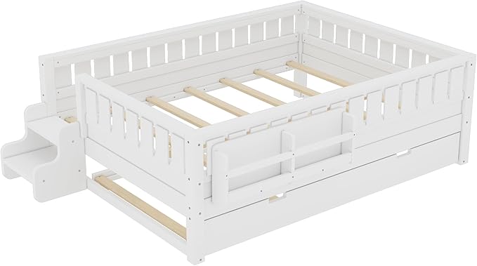 Bellemave Full Bed with Trundle and Stairs, Full Size Platform Bed Frame with Fence and Bookshelf, Easy Assemble Beds for Kids, Girls, Boys, White