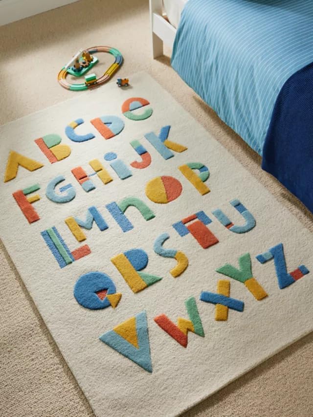 Alphabet Area Rug – 6’ x 9' – Handmade Wool Area Rugs –Beige – Rugs for Living Room, Bedroom – Anti-Skid – Carpets with Non-Slip Natural Backing with 100% Cotton