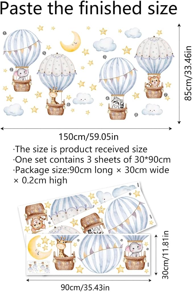 Hot Air Balloon Wall Decal，Animals Hot Air Balloon Wall Decals，Balloons Elephant Wall Stickers，White Cloud Wall Decoration Baby Nursery Girls Bedroom Toddler Room Wall Decor
