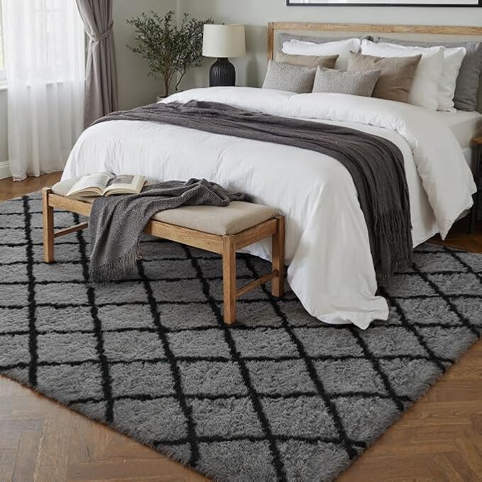 5x7 Checkered Rug for Living Room Grey and White Modern Soft Area Rug Fluffy Non-Slip Carpet for Bedroom Playroom Home Aesthetic Decor