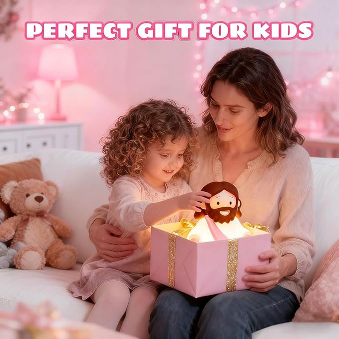 Jesus Night Light Rechargeable Bedside Night Light Dimmable Silicone LED Light Ideal for Religious Gatherings, Gifts for Sunday School, Baptism Presents, Easter Egg Decorations (Pink)