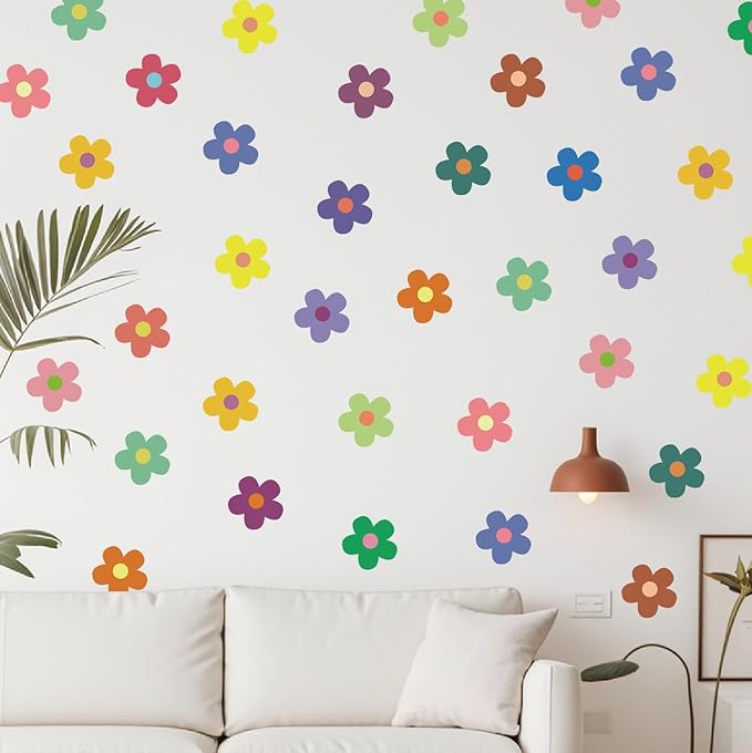 12 Sheets Daisy Wall Decals, Bright Colors Floral Wall Decor, Daisy Flower Walls Art Stickers for Kids Girls Nursery Bedroom Living Room, Vinyl Peel and Stick