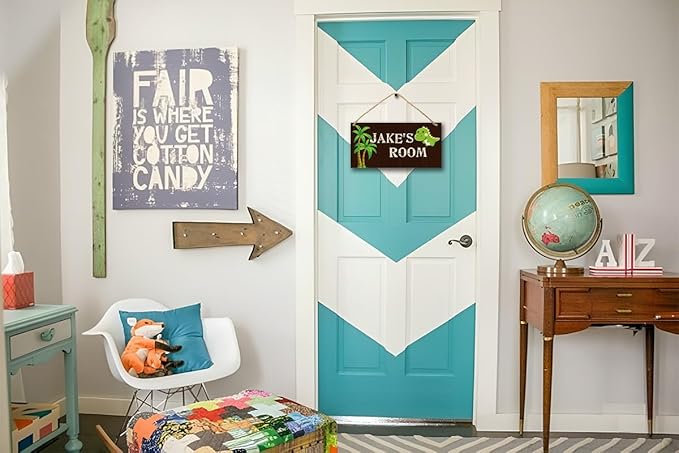 Personalized Name's Dinosaur on brown background & palms Nursery Kid's Children's Girls Bedroom Door Sign Wood Plaque Sign Wall Decor Gift
