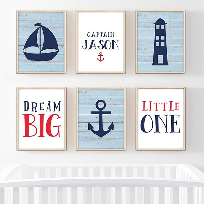Andaz Press Personalized Ocean Nautical Sailor Theme Nursery Kids Bedroom Hanging Wall Art Decor, 8.5x11-inch, Rustic Blue Wood, Boat, Anchor, 6-Pack, Custom Name Unframed Room Poster