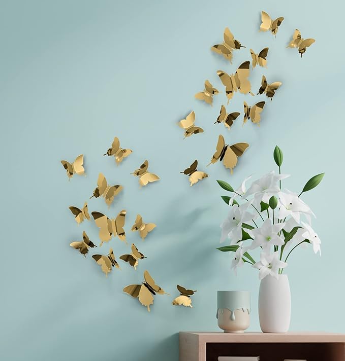 Butterfly Wall Decal Room Decor, Gold Butterfly Wall Decor 24 pcs, Party Decor, Wedding Decoration, Aesthetic Butterflies Stickers for Bedroom