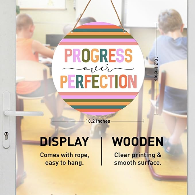 HSNBT Boho Classroom Wall Decor, Nursery kindergarten Classroom Positive Wall Decor Primary School Hanging Sign Decoration, Progress Over Perfection