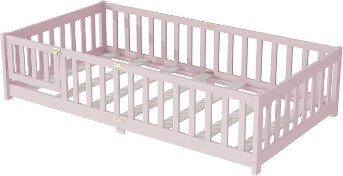 Twin Size Floor Bed for Kids, Wood Montessori Floor Beds with Fence Railings, Door & Slats Support, Twin Playhouse Bed Frame for Boys Girls, No Box Spring Needed, Pink