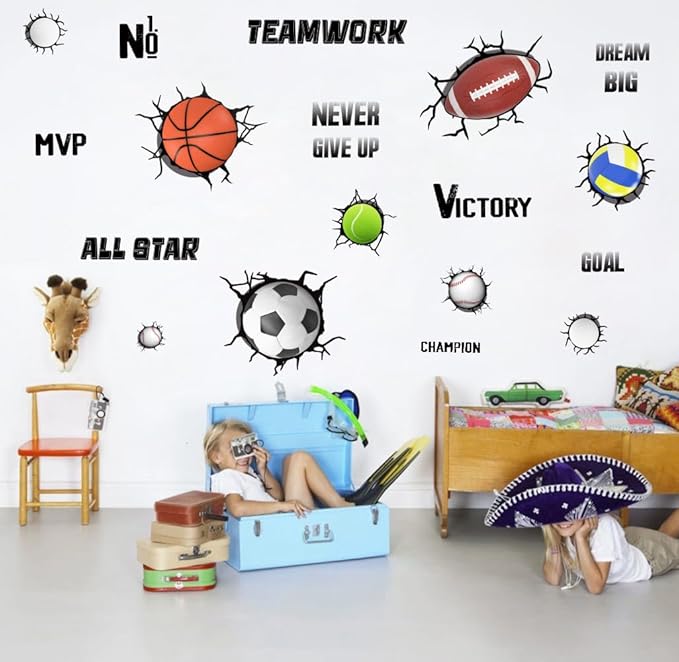 3D Sport Balls Wall Decals, Football, Volleyball, Rugby, Basketball, Tennis Vinyl Wall Stickers, Removable Sports Break Through The Wall Artwork for Boys Bedroom Playroom Decor