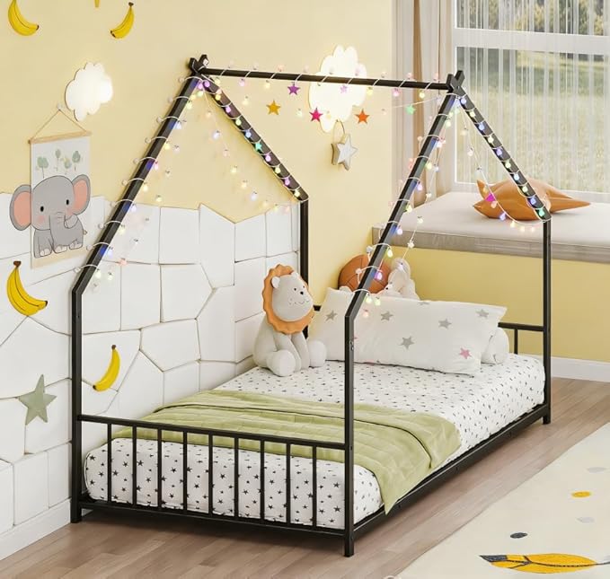 Bellemave Twin Size Montessori Floor Beds with Slats for Kids, Metal Twin House Bed for Kids, Black with Slats and Lights