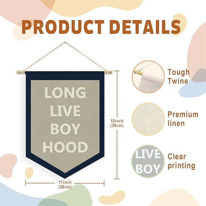 Long Live BoyHood Banner, Boy Room Decor, Boy Nursery Decor, Navy Blue Pennant Flag Wall Hanging Decor for Boys Bedroom Toddler Decorations