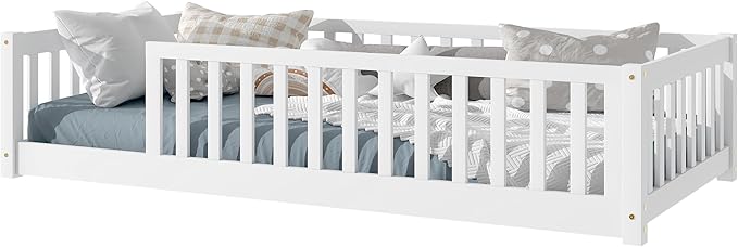 Twin Size Kids Montessori Floor Bed,Twin Floor Bed Frame with Slats,Solid Wood Twin Bed Frame for Girls Boys,White