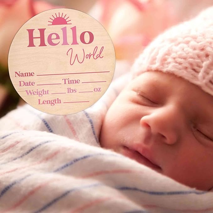 Hello World Newborn Sign - Baby Name Birth Stats Announcement Plaque for Hospital - Photo Prop - Pink Nursery Decor - Shower Gift