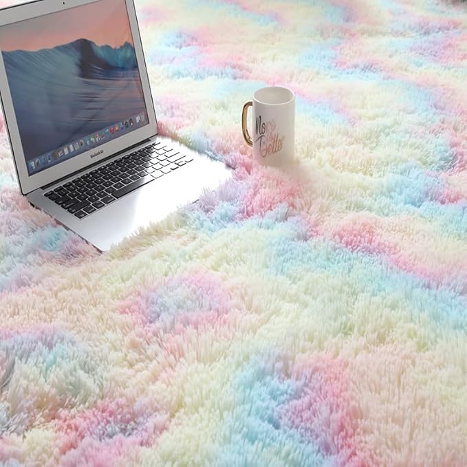 2x6 Ft Rainbow Rug for Girls Bedroom Colorful Area Rug Unicorn Rugs for Girls Bedroom Kawaii Room Decor Runner Rugs for Living Room Plush Fluffy Rug Non Slip Fuzzy Rugs for Kids Room