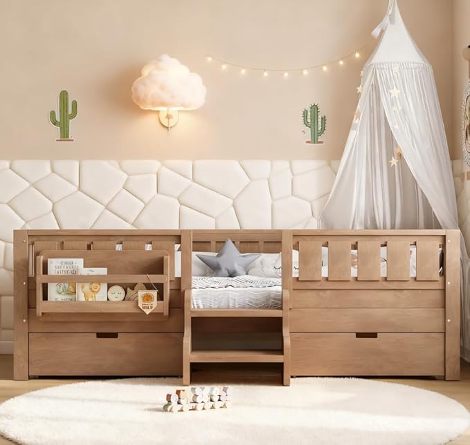 Bellemave Full Size Kids Bed with high Rails and with Built-in Bookshelf and Drawers for Kids, Girls, Boys, Wood Montessori Bed Without Door, Natural
