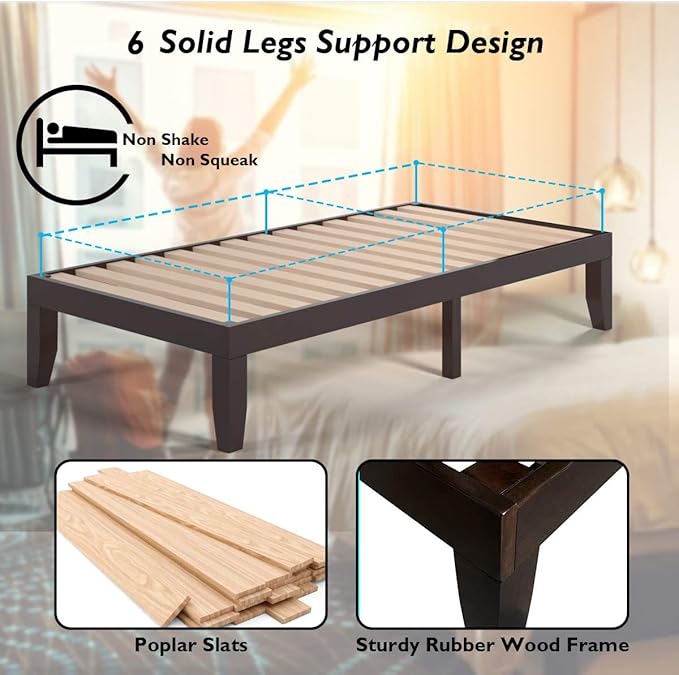 KOMFOTT 14 Inches Wood Platform Bed Frame Twin Size, Wooden Mattress Foundation with Rubber Wood Frame, Strong Wooden Slat Support, No Box Spring Needed, Bed Frame (Dark Brown)