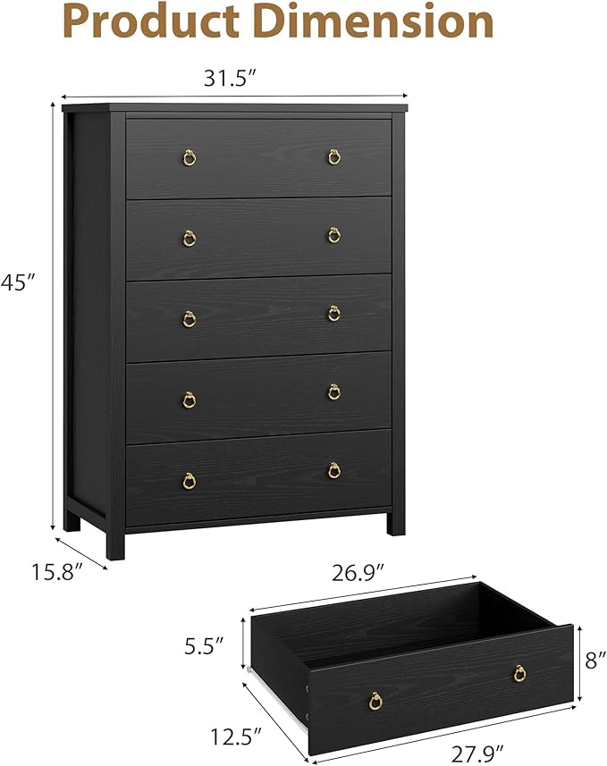 IDEALHOUSE Dresser for Bedroom with 5 Drawers, 45'' Tall Chest of Large Drawers with Large Clothes Storage Cabinet, Wood Bedroom Dresser, TV Stand for Nursery, Living Room, Enterway, Black