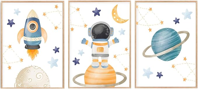 Space Wall Art Soft Pastels Space Wall Art for Boys 3 Piece Rocket Astronaut Planet Set (12x16 Inch Unframed Decor Toddler Nursery Art Whimsical Bedroom Posters)