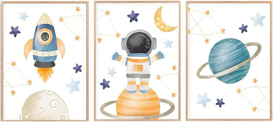 Space Wall Art Soft Pastels Space Wall Art for Boys 3 Piece Rocket Astronaut Planet Set (12x16 Inch Unframed Decor Toddler Nursery Art Whimsical Bedroom Posters)