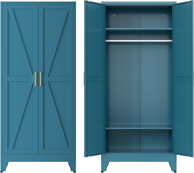 Metal armoire Wardrobe Closet with Hanging Rod,71'' Metal Wardrobe Cabinet with 2 Doors and 2 Adjustable Shelves, Bedroom armoires,Laundry Room cabinets,armario de ropa Closet