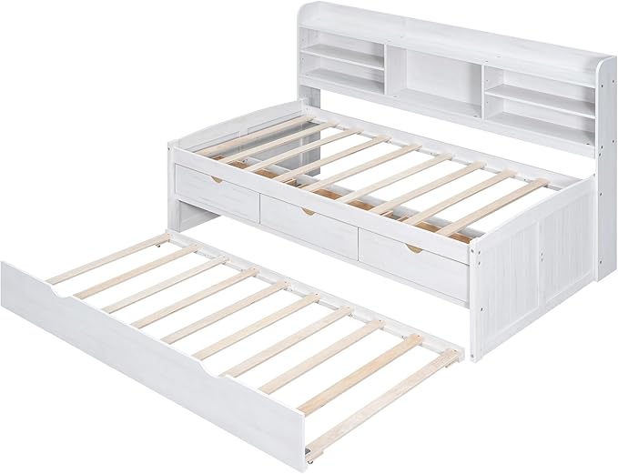 Harper & Bright Designs Twin Size Captain Bed with Built-in Bookshelves/3 Storage Drawers/Trundle, Wooden Twin Daybed Bed Frame for Kids Teens Dorm Bedroom Multipurpose Guest Room, White Wash