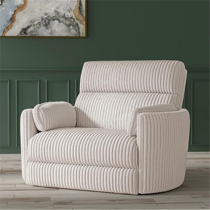 Pemberly Row Mega Ivory XL Extra Wide Power Glider Recliner (Set of 2) with USB Charging Ports and 2 Comfort Pillows for Living Room