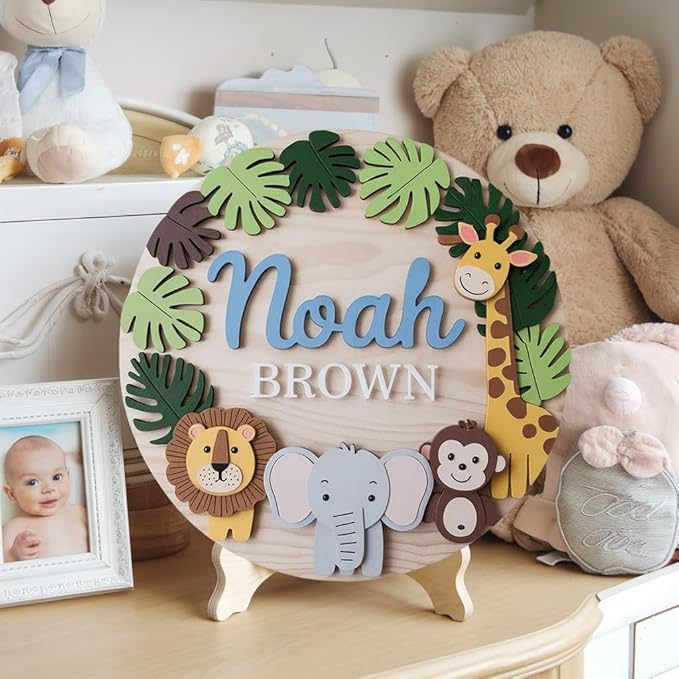 Personalized Nursery Name Sign for Boys, Woodland Animals Sign for Baby Door Decor, Newborn Gifts for Boy, Nursery Wall Bedroom Decorations, Mother's Day Gifts for New Mom Dad Gift