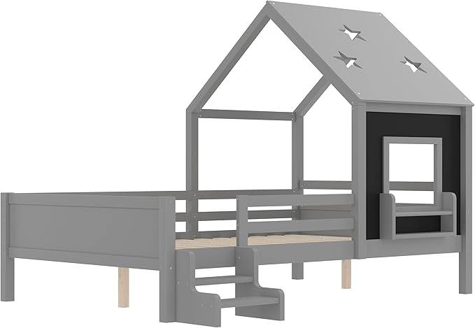 Bellemave Full House Bed with Rails or guardrails and Bookcase, Wooden Full House Shape Platform Bed for Boys, Girls, Teens, Gray