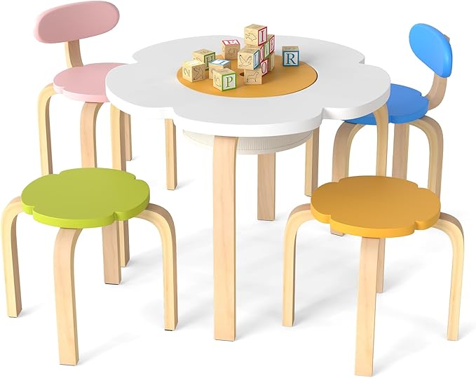 HONEY JOY Kids Table and Chair Set, Wooden Toddler Flower-Shaped Table and 4 Chairs w/Storage for Art Craft, Dining, 5-Piece Children Furniture for Daycare, Kindergarten, Playroom (Colorful + White)