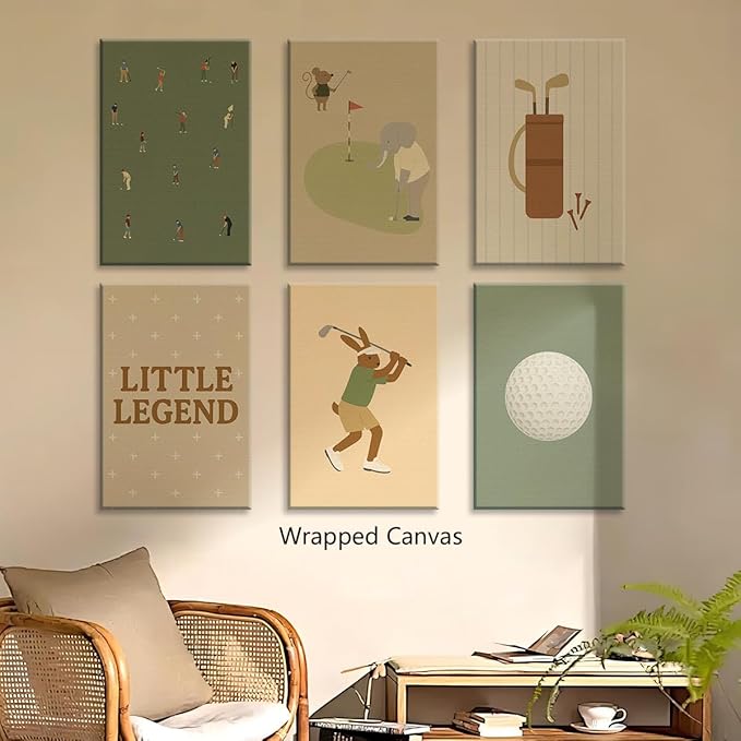 Golf Canvas Wall Art, Baby Boy Nursery Sports Posters, Animal Athletes Elephant Rabbit Pictures, Little Legend Charming Quote Print, Kids Bedroom Golf Course Wall Decor 8x12in Unframed