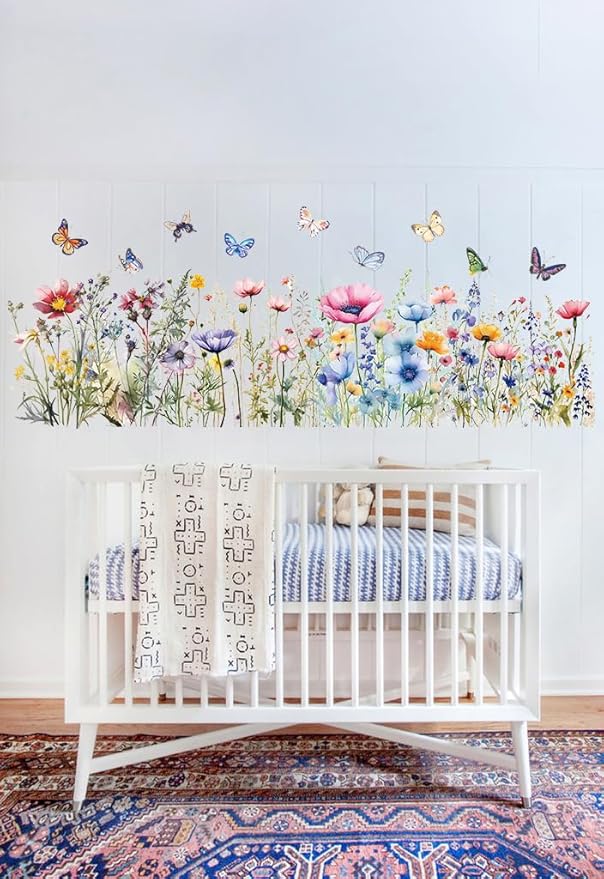 Weeds Wildflower Wall Stickers, Watercolour Colorful Flower Floral Buterflying Wall Decal for Nursery Kitchen Home