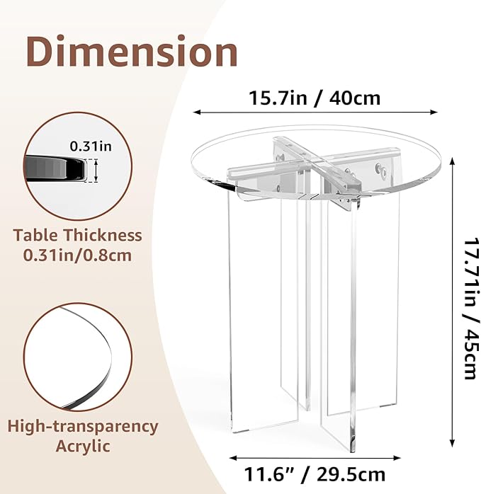 Acrylic Small Coffee Table, Round Accent End Table, Minimalist Bedside Nightstand, Side Tables Living Room, Bedroom Office Indoor Home Decor, Transparent