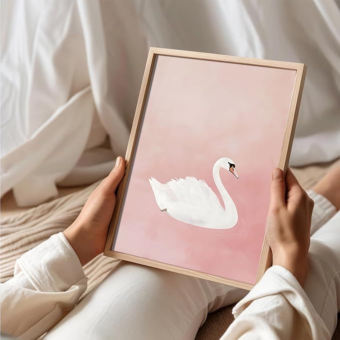 Uniro Pink Nursery Wall Decor Art Prints, Vintage Baby Girl Nursery Room Decor, Cute Baby Girl Room Decor Swan Bunny Hot Air Balloons Alphabets Canvas Painting, Antique Nursery Poster for Little Girl's Bedroom, Kids Room Decor-8x10inch|Unframed