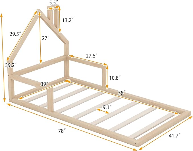Twin Size Wood Floor Bed with House-shaped Headboard and a Chimney,Bedroom Simple Modern Bed Frame W/ Playful Design & No Box Spring Required,for Kids Teens Girls Boys,Natural