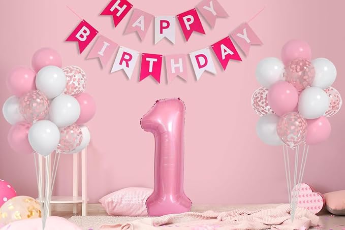 First Birthday Decorations for Girl - Pink Balloon Set With White Confetti, 40-inch '1' Balloon and Happy Birthday Banner for Baby Princess