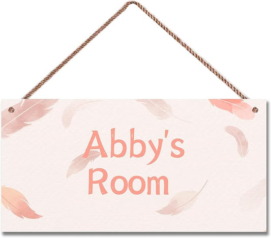 Personalized Feather Sign Pink Cartoon Themed For Kids Room Boys Bedroom Door Decor,Custom Name Wall Art Decor Decorative Plate for Nursery Little Man Cave