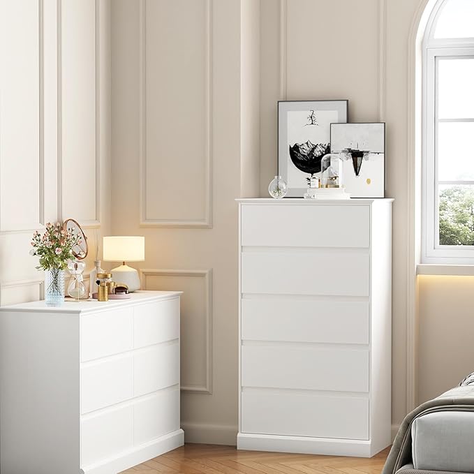 Dresser for Bedroom, Modern 48" Tall White 5 Drawer Dresser, Wood Chest of Drawers for Bedroom, Living Room, Entryway